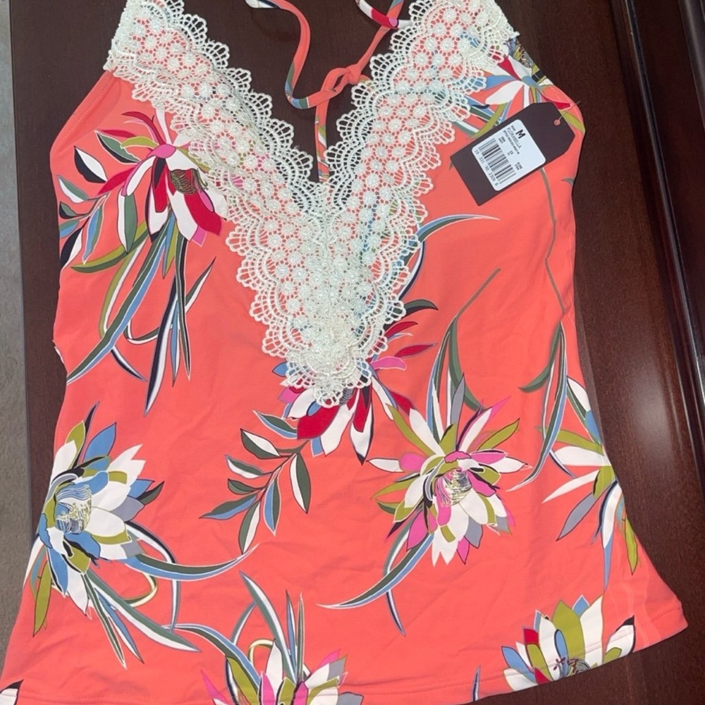 Coral Floral Lace V-Neck Swim Top